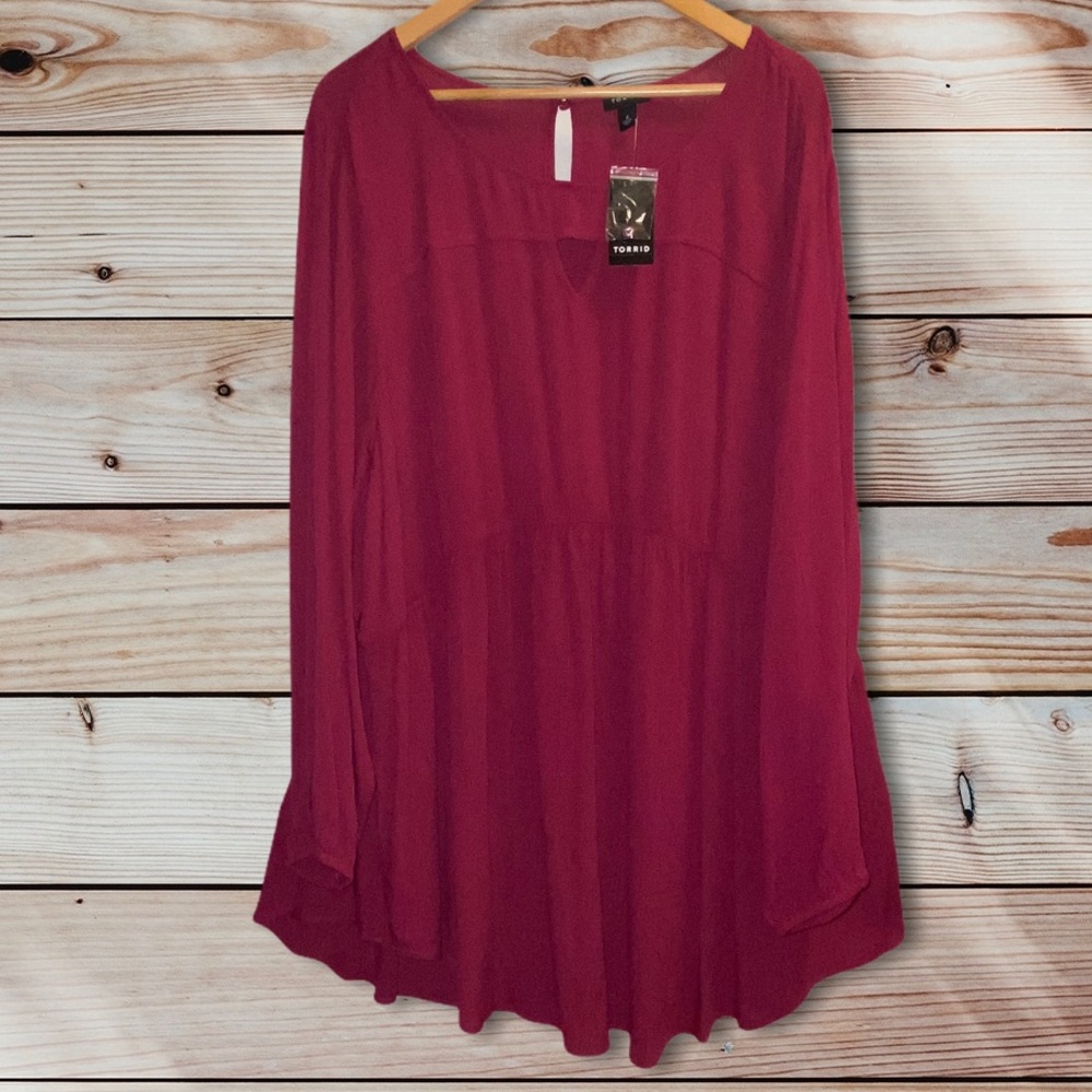 TORRID RED WINE GAUZE BABYDOLL TUNIC TOP - Picture 6 of 7